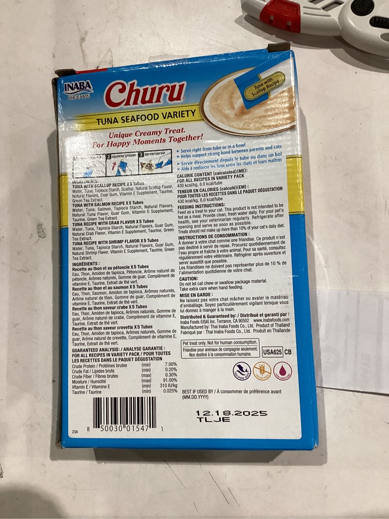 Condition photo showing Good Condition for INABA Churu Cat Treats, Lickable, Squeezable Creamy Purée Cat Treat with Green Tea Extract & Taurine, 0.5 Ounces Each Tube, 20 Tubes, Tuna & Seafood Variety Box Tuna & Seafood Variety 0.5 Ounce (Pack of 20)