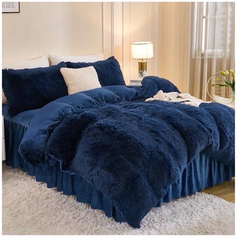 andency fluffy navy blue comforter set king size, 3 pieces winter faux fur warm soft fuzzy plush bedding comforter set (1 velvet comforter & 2 pillowcases), thick heavy comfy comforters bedding set