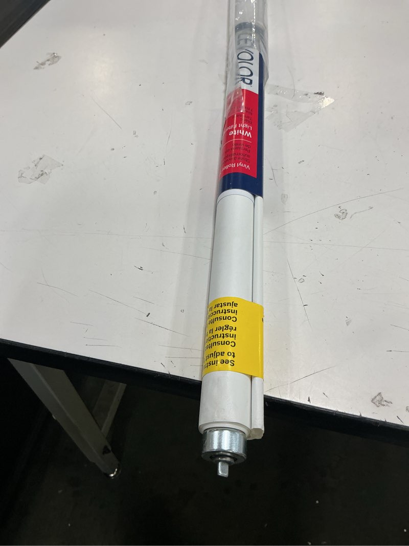 Condition photo showing As Is for 37" x 72" White Light Filtering Cordless Vinyl Roller Window Shade