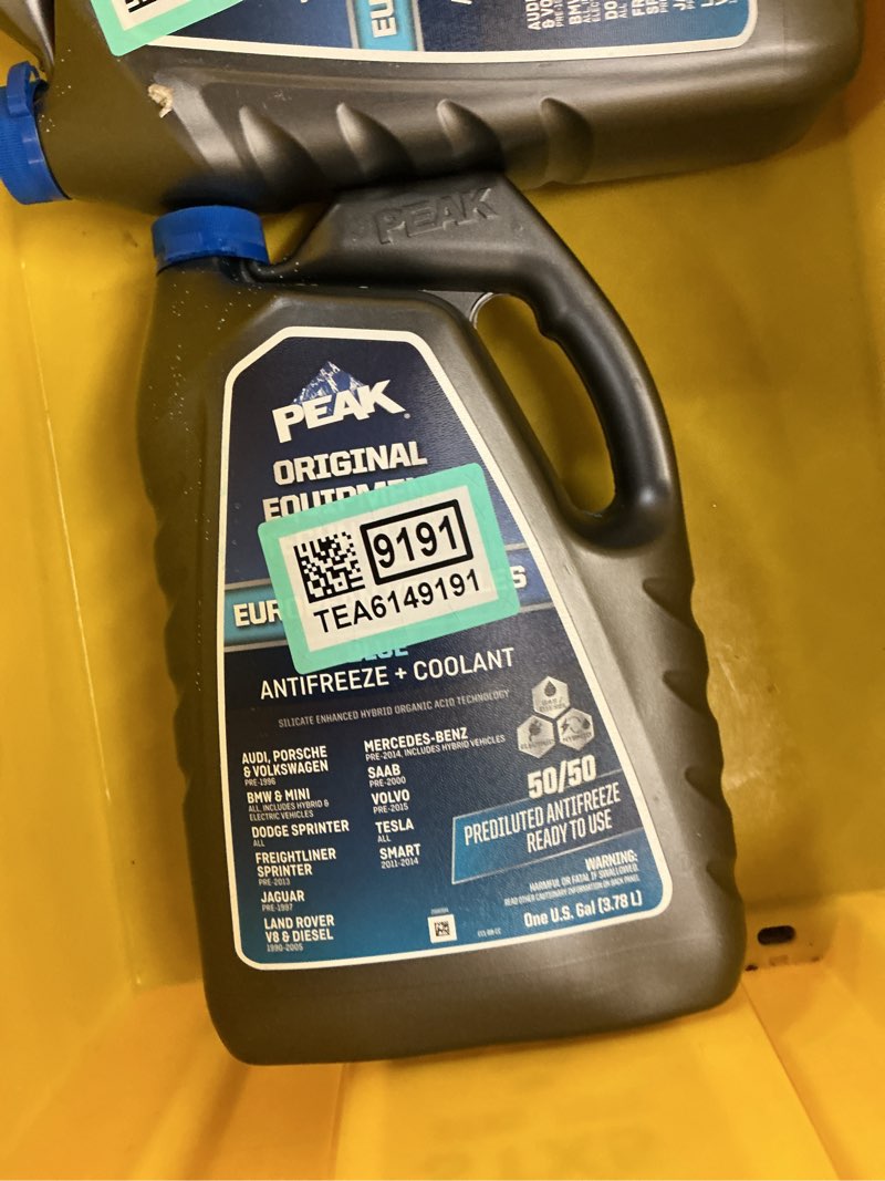 Condition photo showing As Is for peak original equipment technology european vehicles blue, 50/50 prediluted antifreeze & coolant, 1 gal