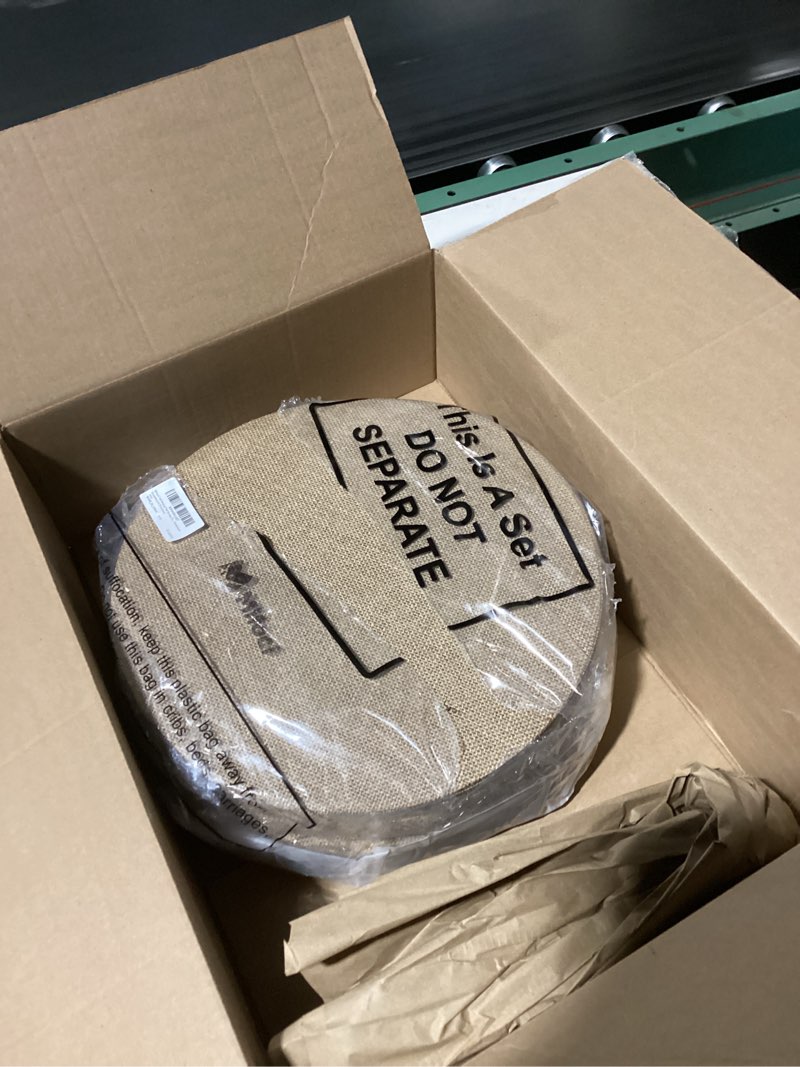 Condition photo showing Good Condition for Mifoci 100 Pieces Fall Burlap Placemats, Burlap Round Reusable Placemats Brown Table Mats Circle Rustic Table Decorations for Wedding Christmas Dinner Holiday Farmhouse Supplies(13.78 Inches)