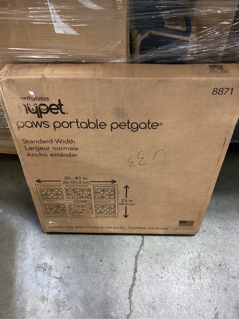 Condition photo showing New/Like New for mypet north states paws portable pet gate: 26-40" wide. pressure mount. no tools needed. made in usa. dog gate 23" tall, expandable, durable dog gates for doorways, light gray