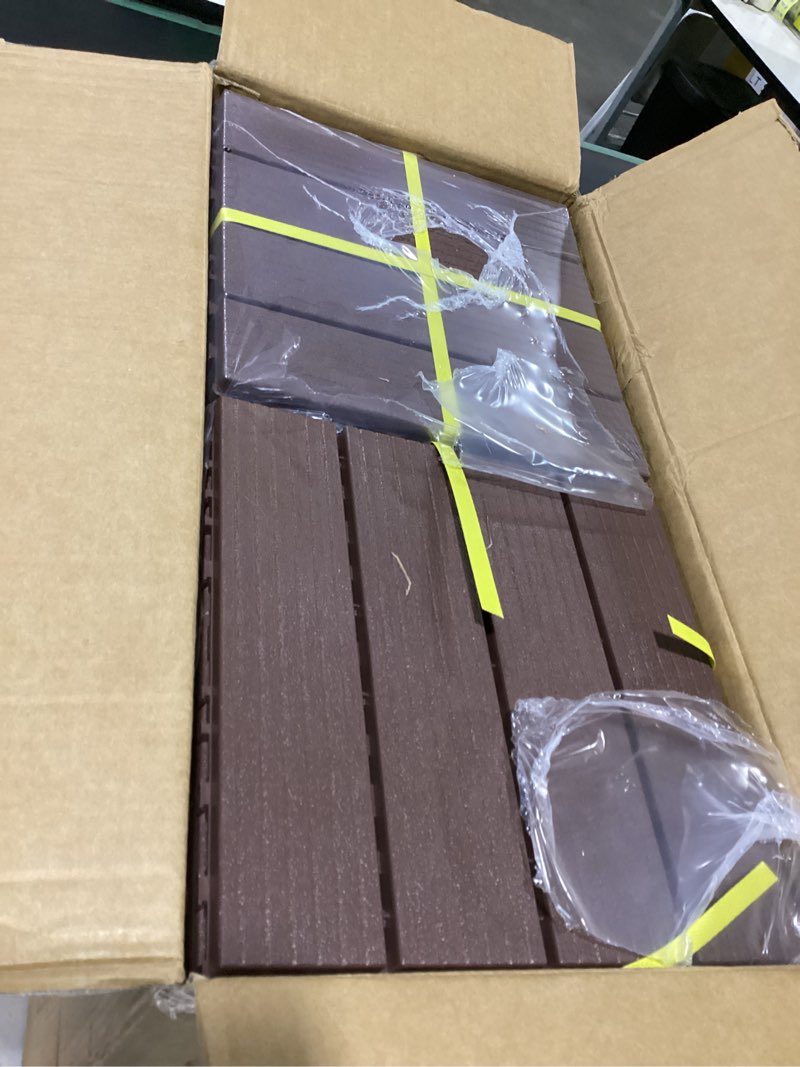 Condition photo showing Good Condition for plastic interlocking deck tiles (44 pcs), 12x12 inches waterproof outdoor patio flooring, easy snap balcony floor tiles for garden, poolside, backyard, pathway, indoor use, red brown, grid pattern