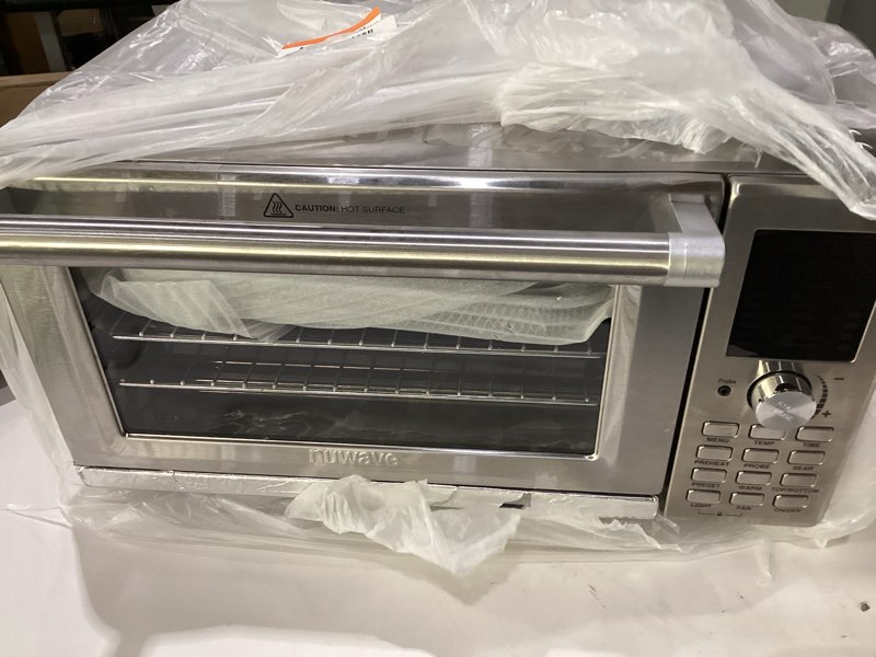 Condition photo showing As Is for nuwave bravo xl pro air fryer toaster oven, improved 100% super convection, quicker & crispier results, 100 presets, multi-layer even cooking, 50-500f, smart probe, pfas free, 30qt, stainless steel, not tested, incomplete