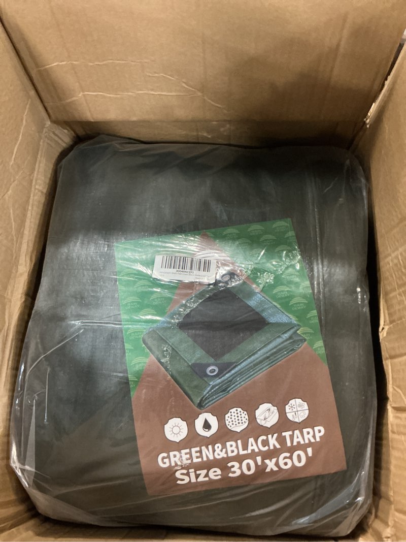 Condition photo showing Good Condition for raindeway tarps 30x60 feet,large tarp waterproof,9mil thick finished size, multipurpose poly tarp cover with metal grommets and reinforced edges,green/black tarpaulin green/black 30x60 feet-finished size