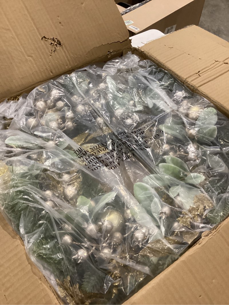 Artificial Gold Christmas Wreath for Front Door 24-26 Inch Christmas Wreath with Pine Needles Berrie