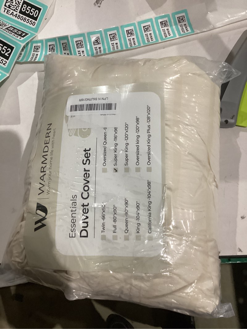 Condition photo showing New/Like New for WARMDERN Duvet Cover Set Super King Size, 3pcs Washed Microfiber Beige Bedding Set, Soft Breathable Striped Textured Seersucker Duvet Cover with Zipper Closure & Corner Ties(Beige, Super King) Beige Super King