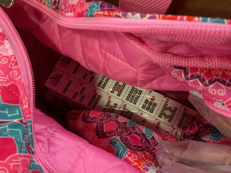Condition photo showing Good Condition for american mahjong tile set with pink printed carrying bag, 166 premium white tiles, 4 all-in-one color racks/pushers, mah jongg sets, complete mahjong game set for travel