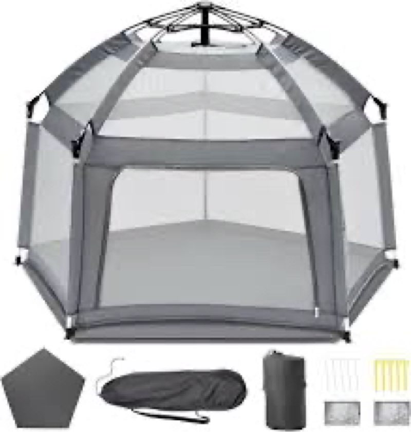 Baby Playpen with Self-Inflating Play Mat & Travel Bag, Portable Outdoor Playpen for Babies and Todd