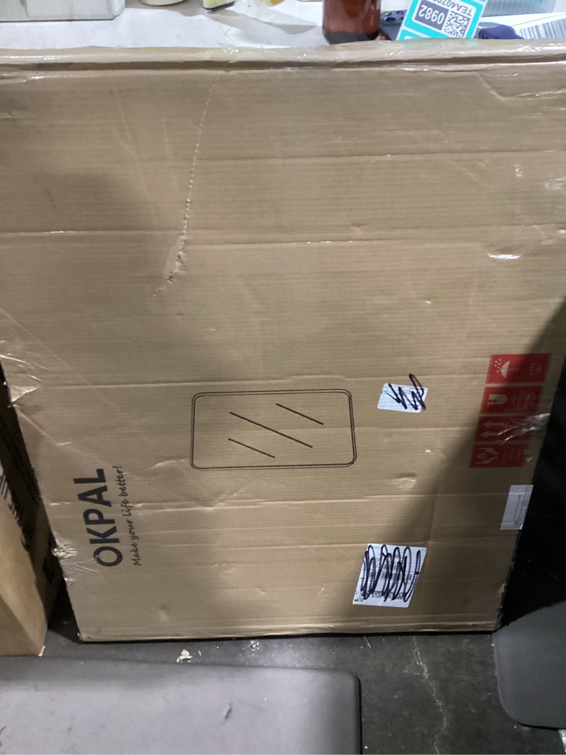 Condition photo showing New/Like New for OKPAL Brushed Nickel Bathroom Mirror for Wall 28 x 36 in, Rectangular Metal Framed Silver Mirror for Vanity Beveled Round Corner Aluminum Alloy Rectangle Modern Mirror(Horizontal/Vertical) Brushed Silver 28"L x 36"W