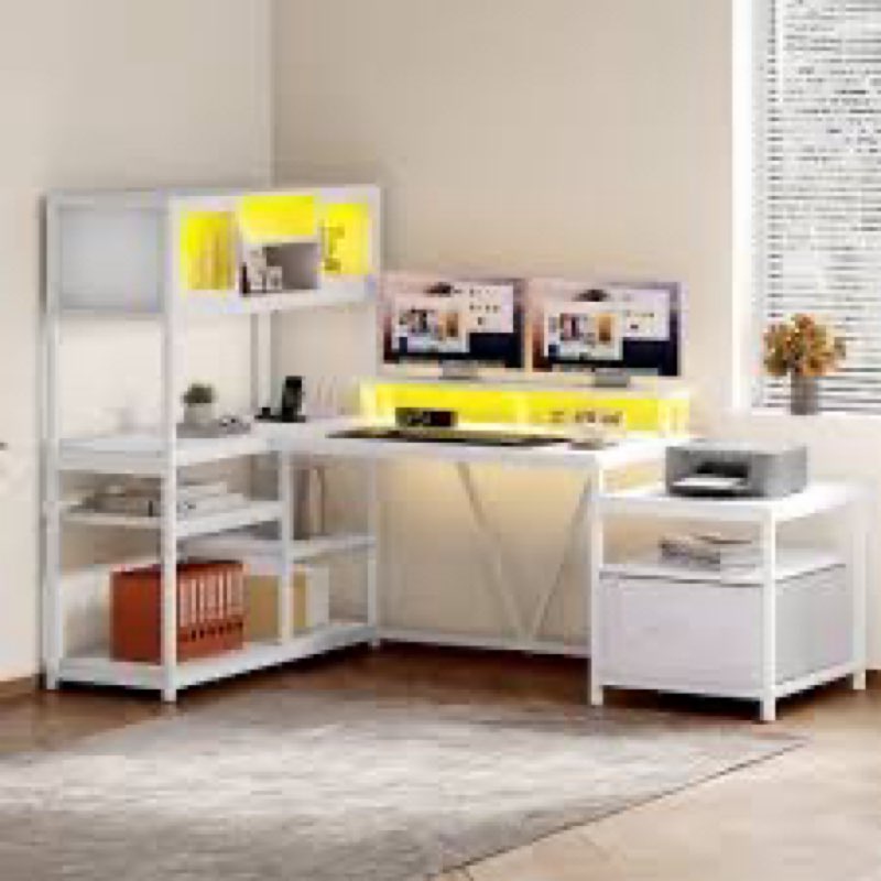 Treesland 55 Inch Computer Desk with Bookshelf, Corner Desk with Storage, L Shaped Desk, Home Office