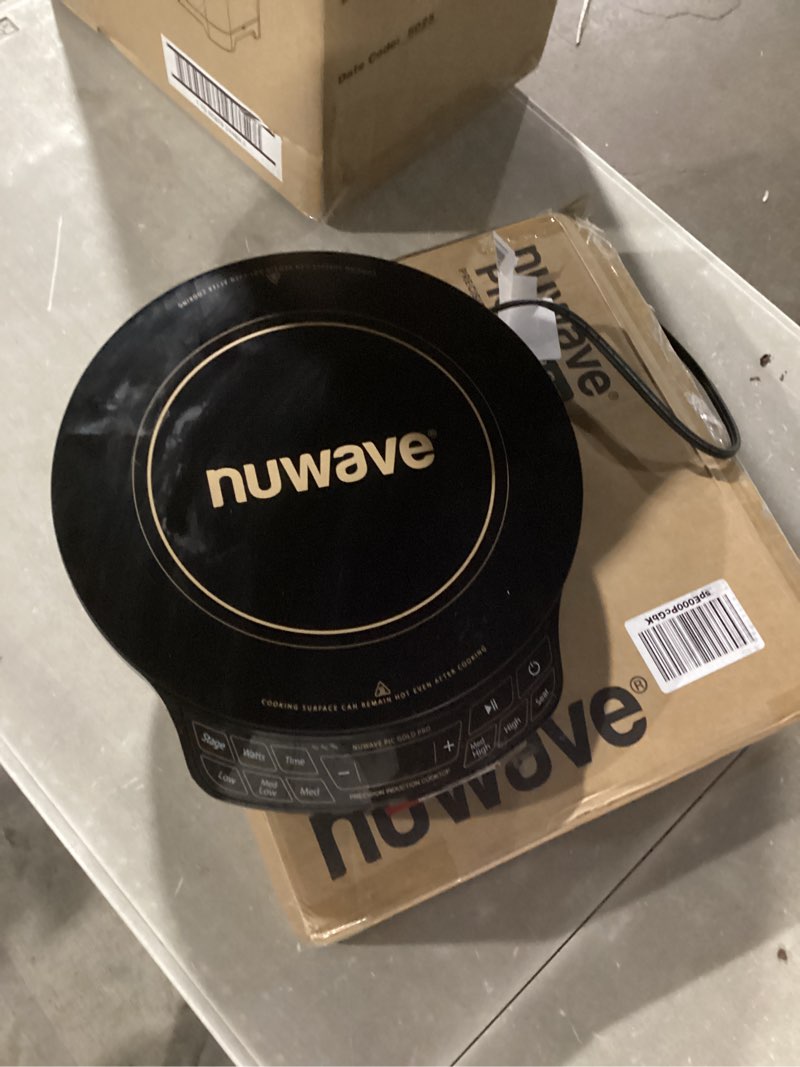 Condition photo showing As Is for nuwave precision induction cooktop gold, 12” shatter-proof ceramic glass surface, large 8” heating coil, portable, 51temp settings 100°f to 575°f, 3 wattage settings 600, 900, and 1500 watts
