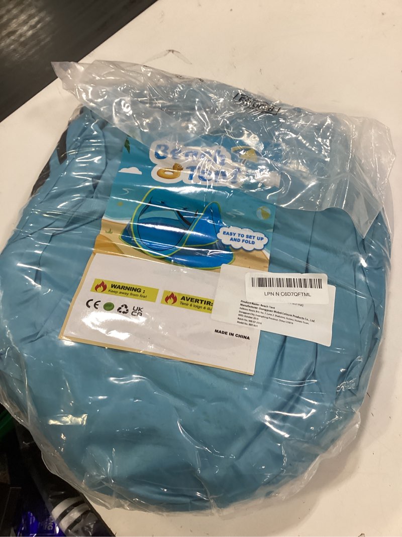 Condition photo showing New/Like New for baby beach tent, pop up toddler travel bed for boys or girls, sun shade for toddler camping, infant portable sun shade, summer beach baby blue baby tent