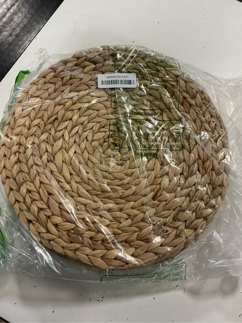 Condition photo showing Good Condition for 6 pack, round woven placemats, natural water hyacinth wicker place mats, braided straw table mats, charger plates for dining table, fall, thanksgiving, christmas (13.8 inch) natural 13.8 inch (set of 6)