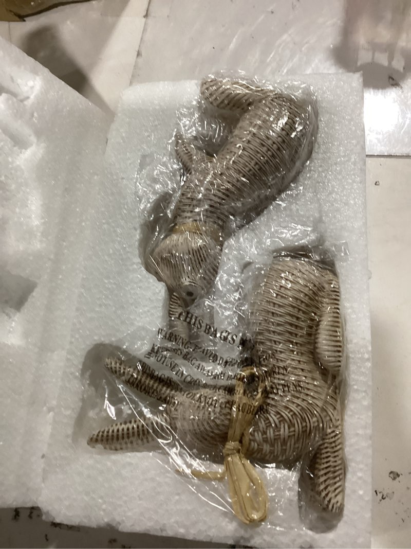 Condition photo showing New/Like New for dn deconation easter decorations bunny figurines set, rattan effect resin beige bunnies standing & lying with bow, farmhouse spring tabletop decor for mantel shelf office home gift beige rattan set of 2