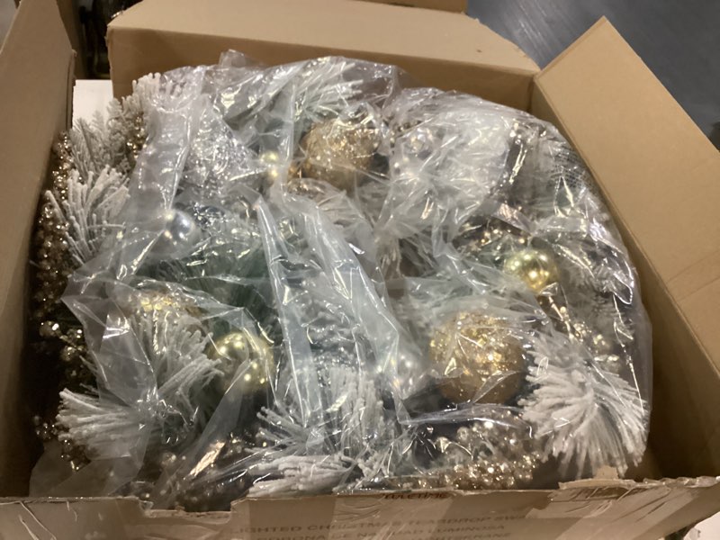 Condition photo showing Good Condition for yuletime 24" christmas wreath, artificial holiday wreath with baubles, berries, leaves, spruce branches, snowy pine needles (gold bauble)