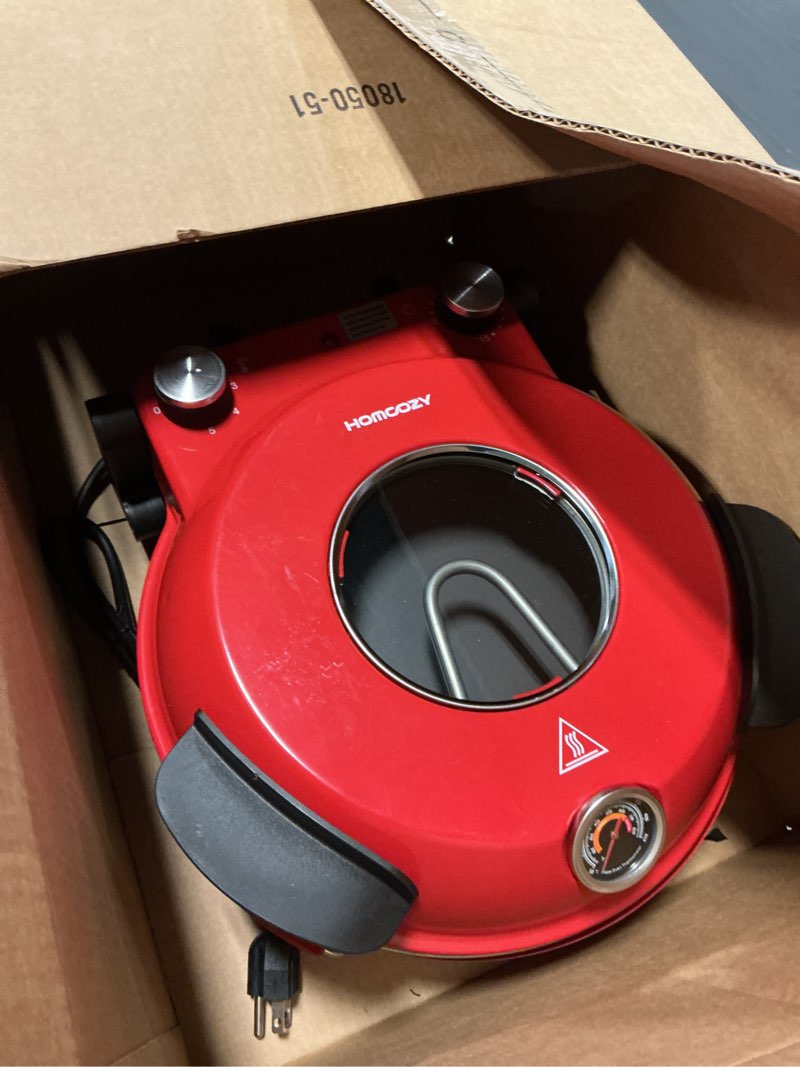 Condition photo showing Good Condition for Electric Pizza Oven Indoor with Glazed Ceramic Stone, 12-Inch Portable Countertop Pizza Maker with Adjustable Timer, 1200W Heat up to 800°F Pizza Maker with Viewing Window for Home DIY Pizza 12inch Red