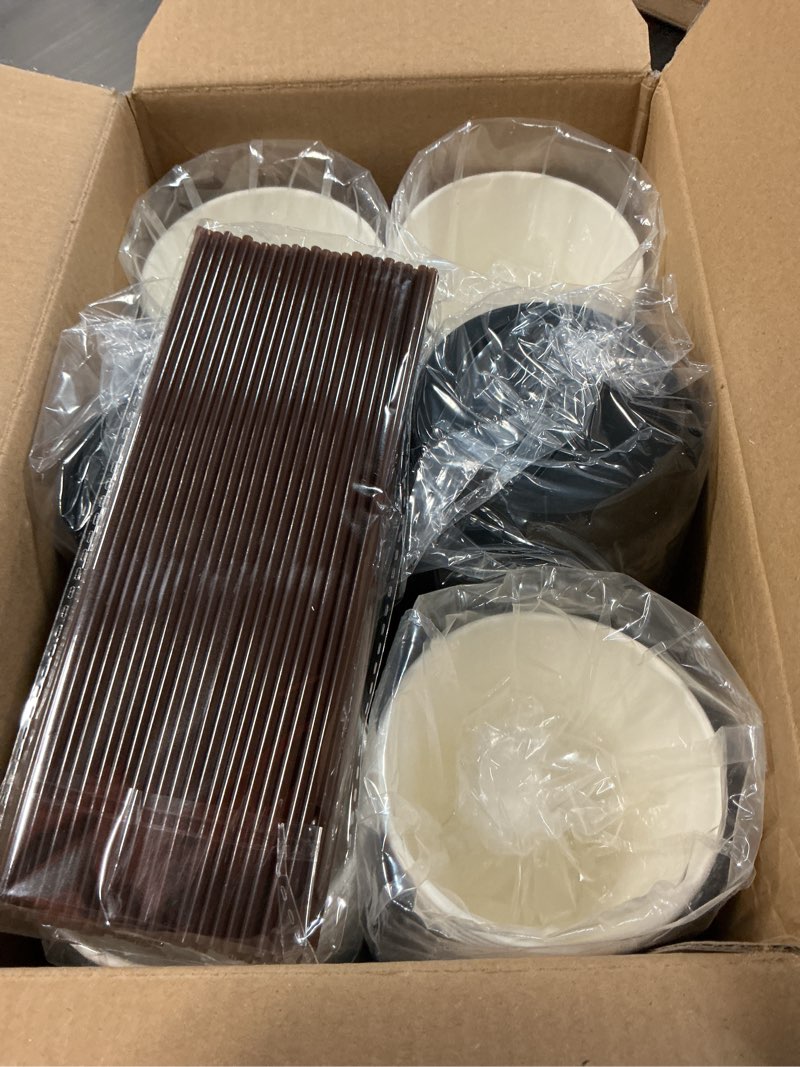 Condition photo showing New/Like New for litopak 100 pack 16 oz paper coffee cups with lids, black disposable coffee cups with lids, sleeves and stirring sticks, for parties, picnic, travel, and events black-16oz