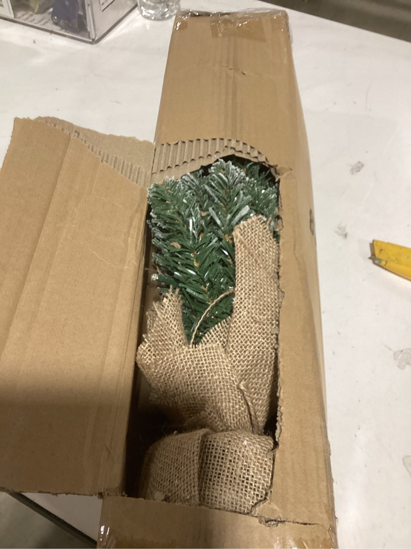Condition photo showing As Is for 2 ft Mini Christmas Trees with 25 F5 LED Lights, 24" Decorated Burlap Artificial Tabletop Christmas Trees Home Party Decoration for Kitchen Dining Room Window Green White