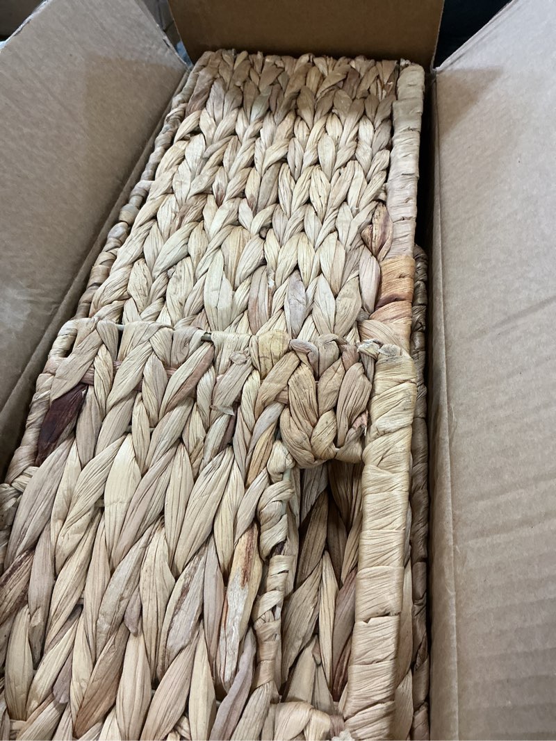 Condition photo showing As Is for SpaceAid 4 Pack Wicker Basket, Storage Baskets for Organizing, Woven Rattan Basket with Handles for Shelves, Water Hyacinth Large Cube Organizer Storage Bin, 13x8.2x7 inch, Natural 4-Pack, 13x8.2x7in Natural