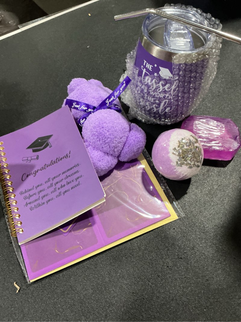 Condition photo showing New/Like New for ithmahco purple graduation gift basket for her 2026,11-piece grad gifts set with tumbler, notebook, keychain, best graduation spa self care gift box for high & middle school college women girls nurse purple graduation gifts