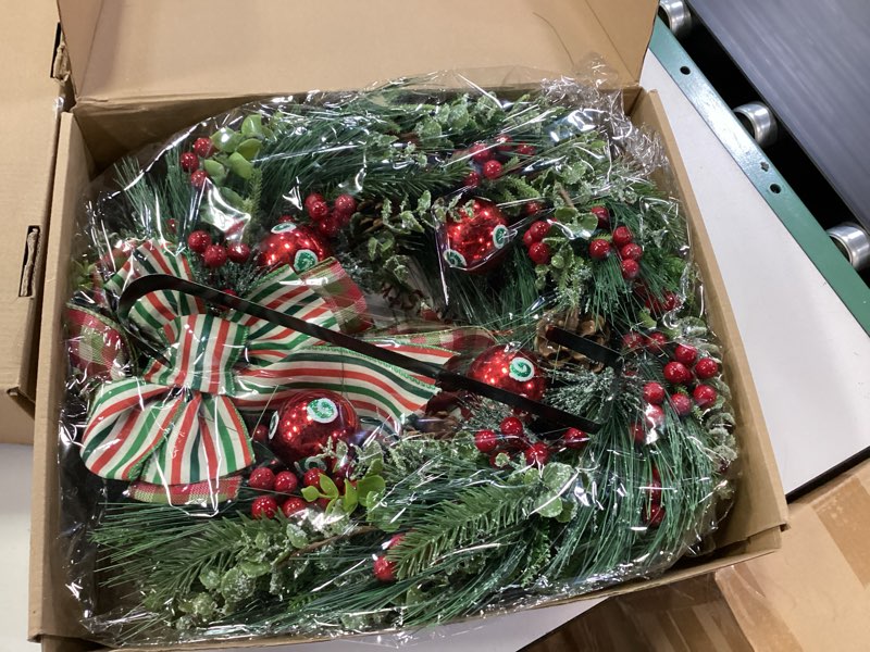 Condition photo showing New/Like New for TEMPUS Christmas Wreath with Red Berry Balls, Pine Cones & Ribbon Bow –Frosted Pine Needle Winter Wr