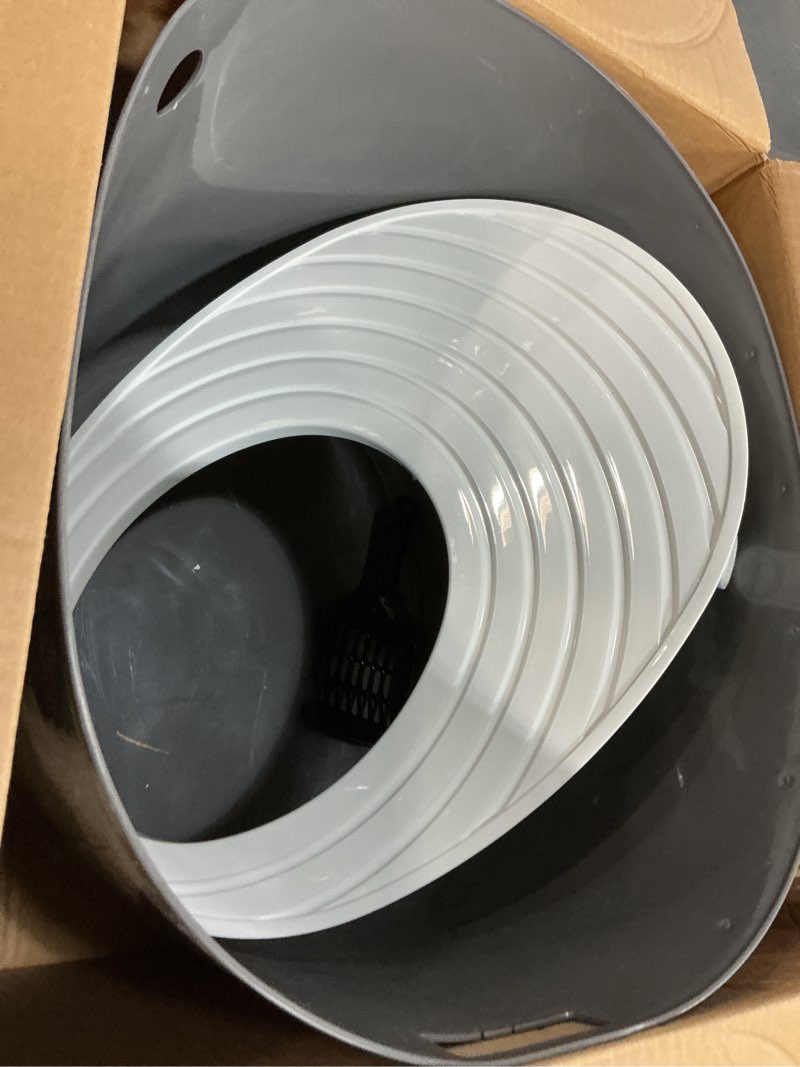 Condition photo showing Good Condition for iris usa cat litter box, large top entry with litter catching lid and scoop, dog proof, cat box enclosure, dark gray/white top entry white/gray