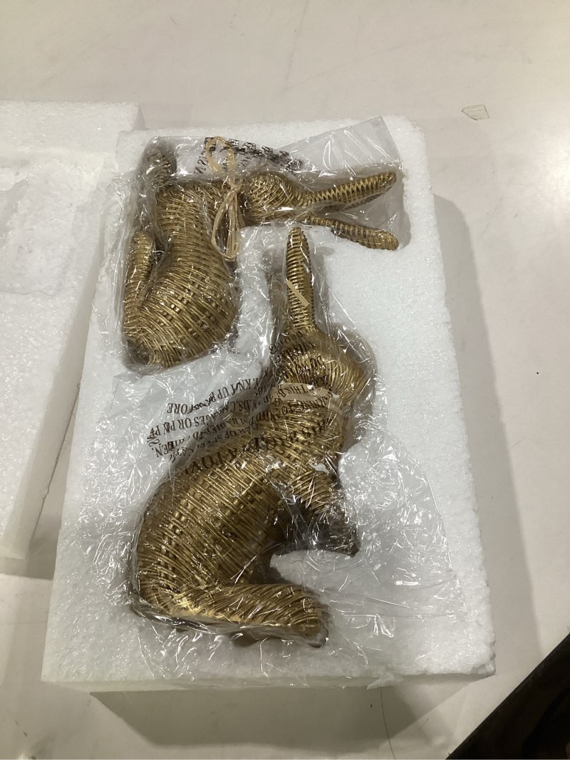 Condition photo showing Good Condition for dn deconation easter decorations bunny figurines set, rattan effect resin gold bunnies standing & lying with bow, farmhouse spring tabletop decor for mantel shelf office home gift gold rattan set of 2
