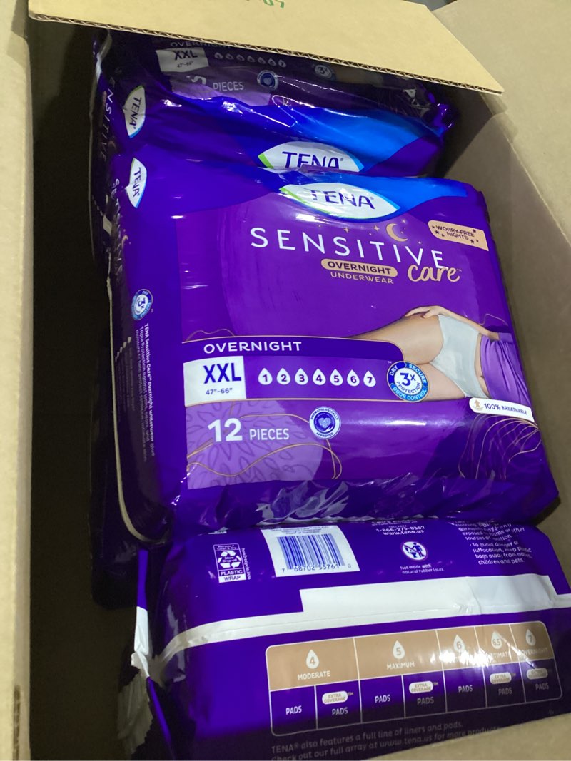 Condition photo showing New/Like New for tena sensitive care overnight incontinence underwear for women, adult diapers, xx-large (waist sizes 47in–66in), better fit, 48 count (4 packs of 12) 2x-large 48