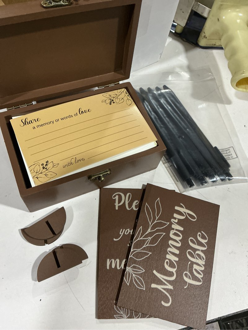 Condition photo showing Good Condition for gilprop 112 pcs celebration of life memory cards set share a memory cards with box 2 wood sign with 4 hold and 5 pens, sympathy memorial gifts funeral keepsake decorations(leaves)