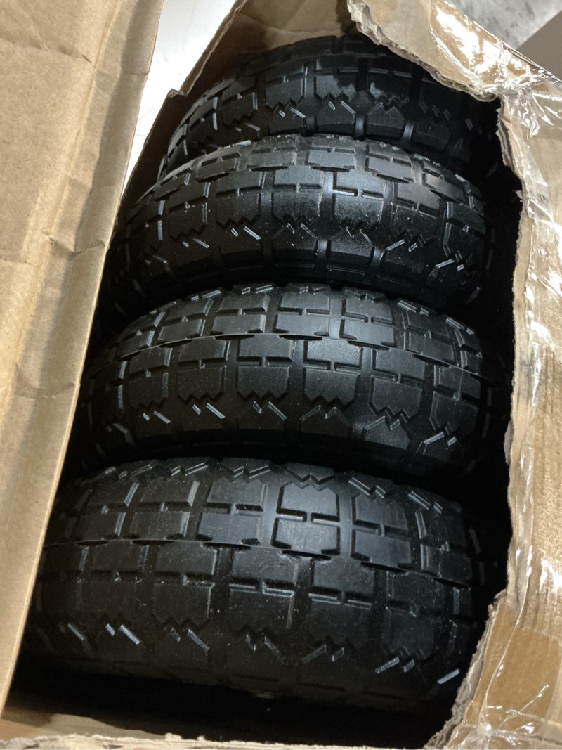Condition photo showing Good Condition for 4.10/3.50-4 tire and dolly wheel flat free - solid rubber hand truck wheels 5/8" axle - gorilla cart tires replacement for garden, wagon, yard and wheelbarrow (10 inch 4 pack) 10-inch 4-pack