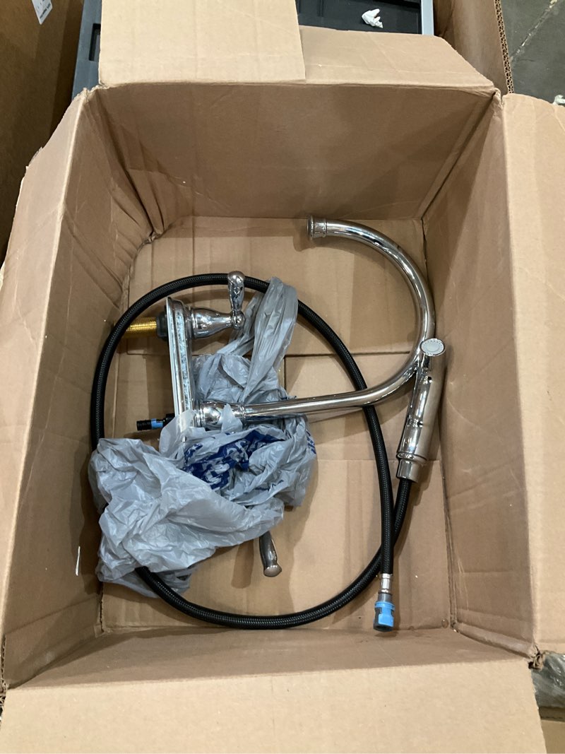 Condition photo showing As Is for incomplete, project source brice polished chrome double handle deck-mount kitchen faucet (includes deck plate) (includes side sprayer)
