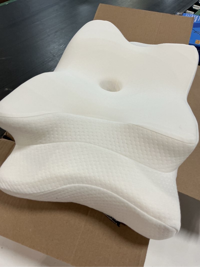Condition photo showing As Is for adjustable neck pillow, comfortable sleep memory foam pillow, white