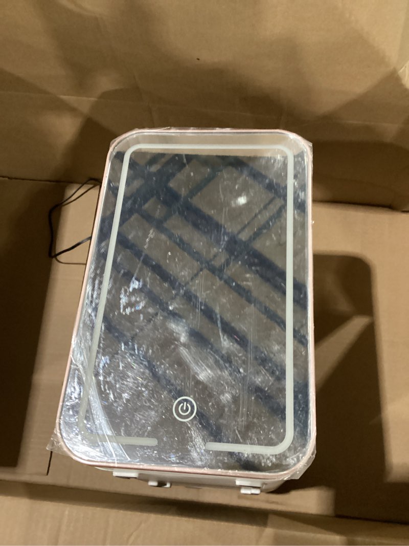 Condition photo showing As Is for Mini Fridge for Bedroom, 6L Skincare Fridge with LED Mirror for Dorm & Office, Portable Cooler & Warmer Small Compact Refrigerator for Skincare, Makeup and Cosmetics A-White-Mirror