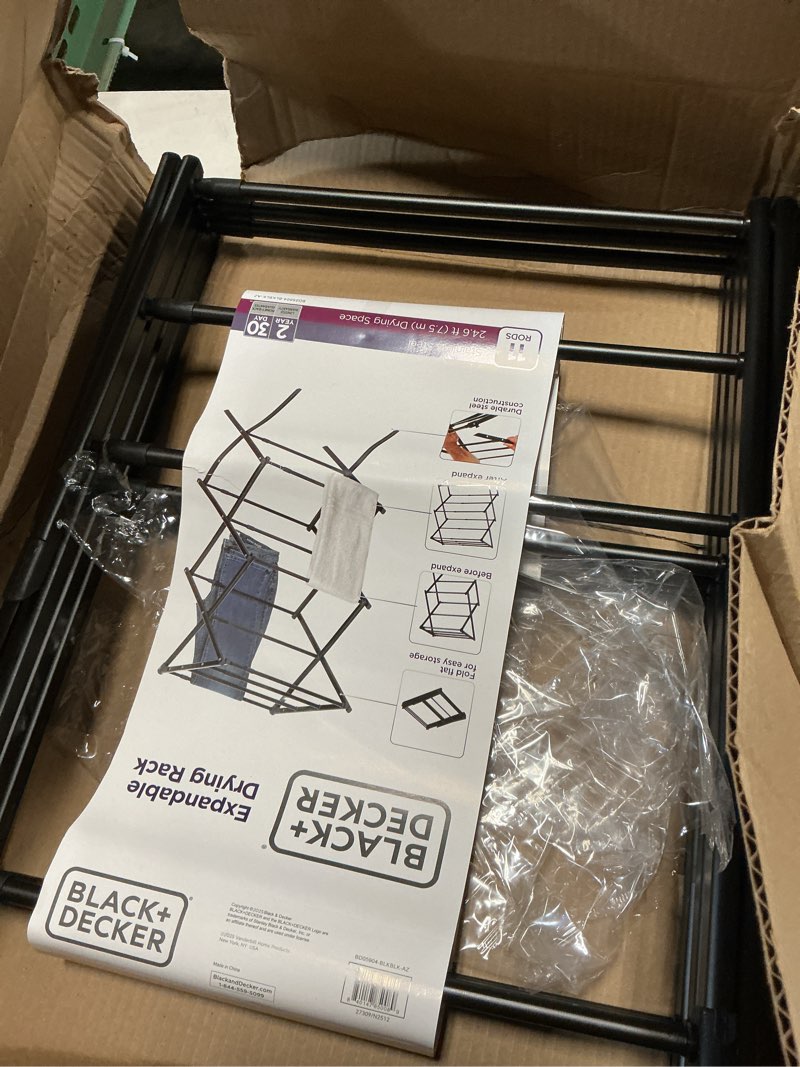 Condition photo showing Good Condition for black+decker laundry organization expandable/collapsible clothes drying rack. essential for camping/trailers or anywhere you air dry laundry. oversized for multiple garments, (black)
