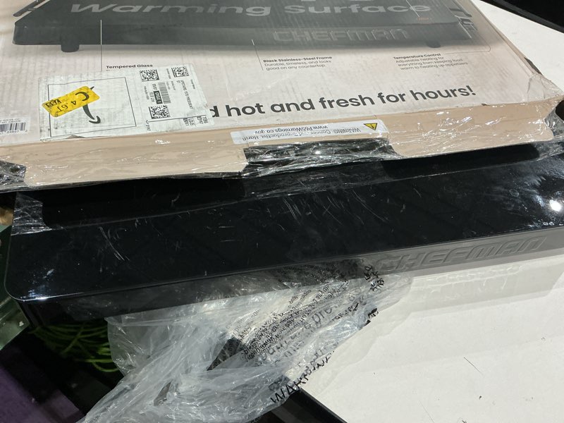 Condition photo showing As Is for chefman electric warming tray with adjustable temperature control, perfect for buffets, restaurants, parties, events, and home dinners, large 21” x 16” glass-top surface keeps food hot – black stainless black large - 21" x 16"