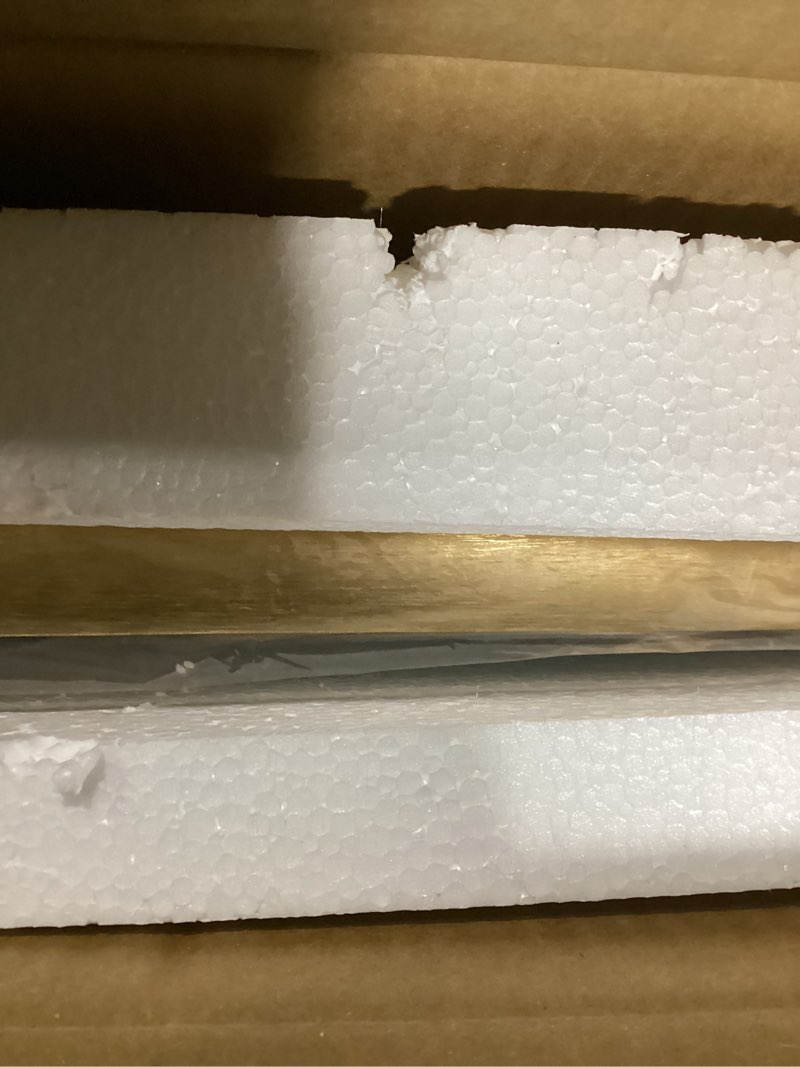Condition photo showing Good Condition for scalloped mirror for bathroom - 24"x36" gold bathroom mirror with aviation aluminum alloy frame & shatter-proof glass for living room bedroom entryway, brushed gold frame(x1) 36"l x 24"w brushed gold(yellow)