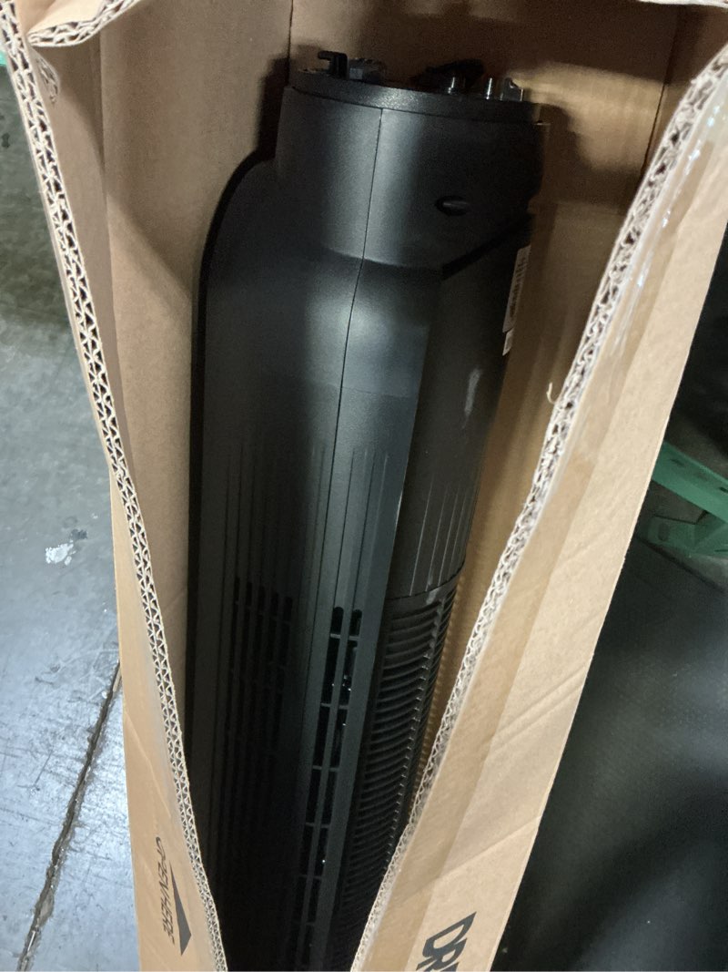 Condition photo showing As Is for dreo tower fan for bedroom, 2026 upgraded dc motor, 28ft/s high velocity, 20db ultra quiet standing fan, 8 speeds 4 modes, 90° oscillating bladeless fan for indoors, floor fans with remote, black