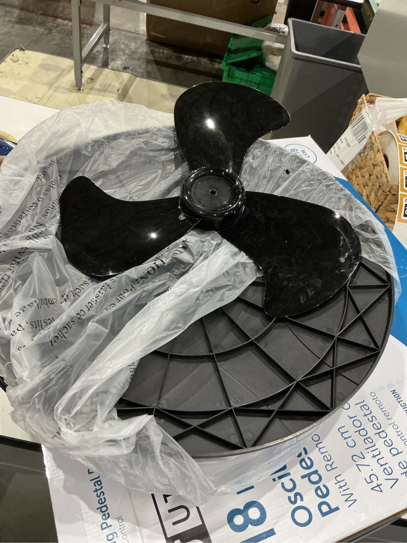 Condition photo showing As Is for utilitech 18-in 120-volt 3-speed indoor black oscillating pedestal fan with remote