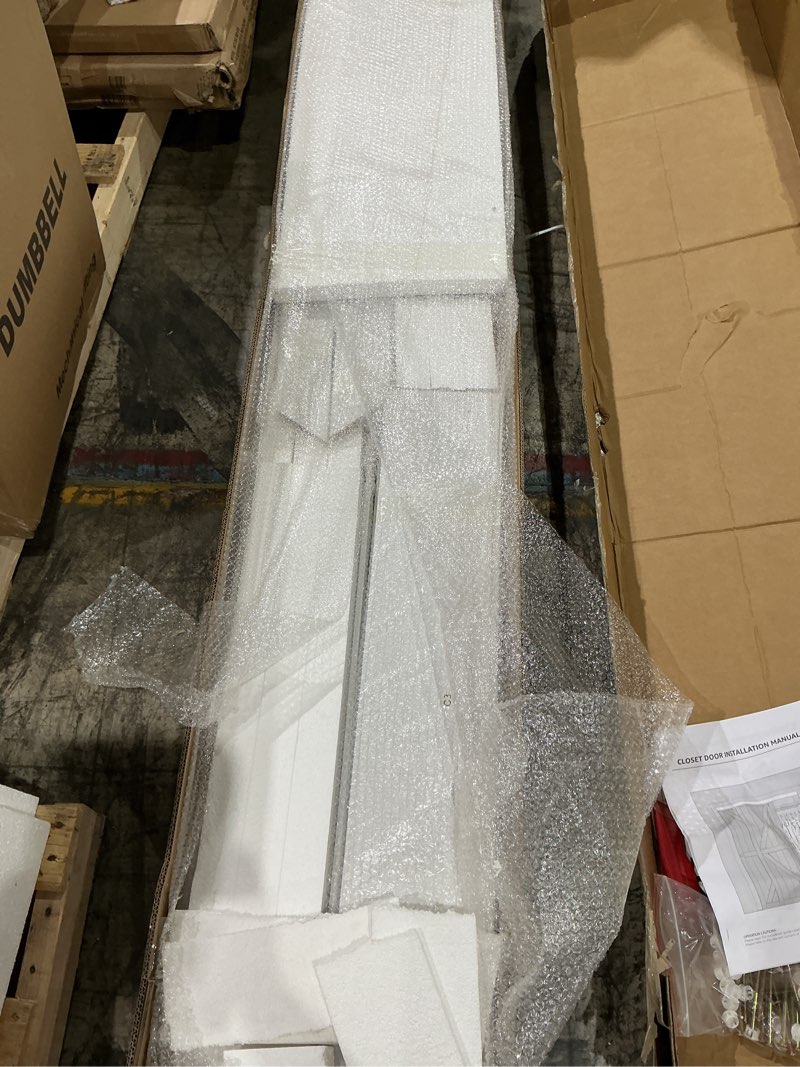 Condition photo showing Good Condition for smartstandard closet sliding door, (double barn double k shape sliding door with hardware kit, pre-drilled door panel, need to assemble, mdf with pvc surface, track kit white (we don’t know size)