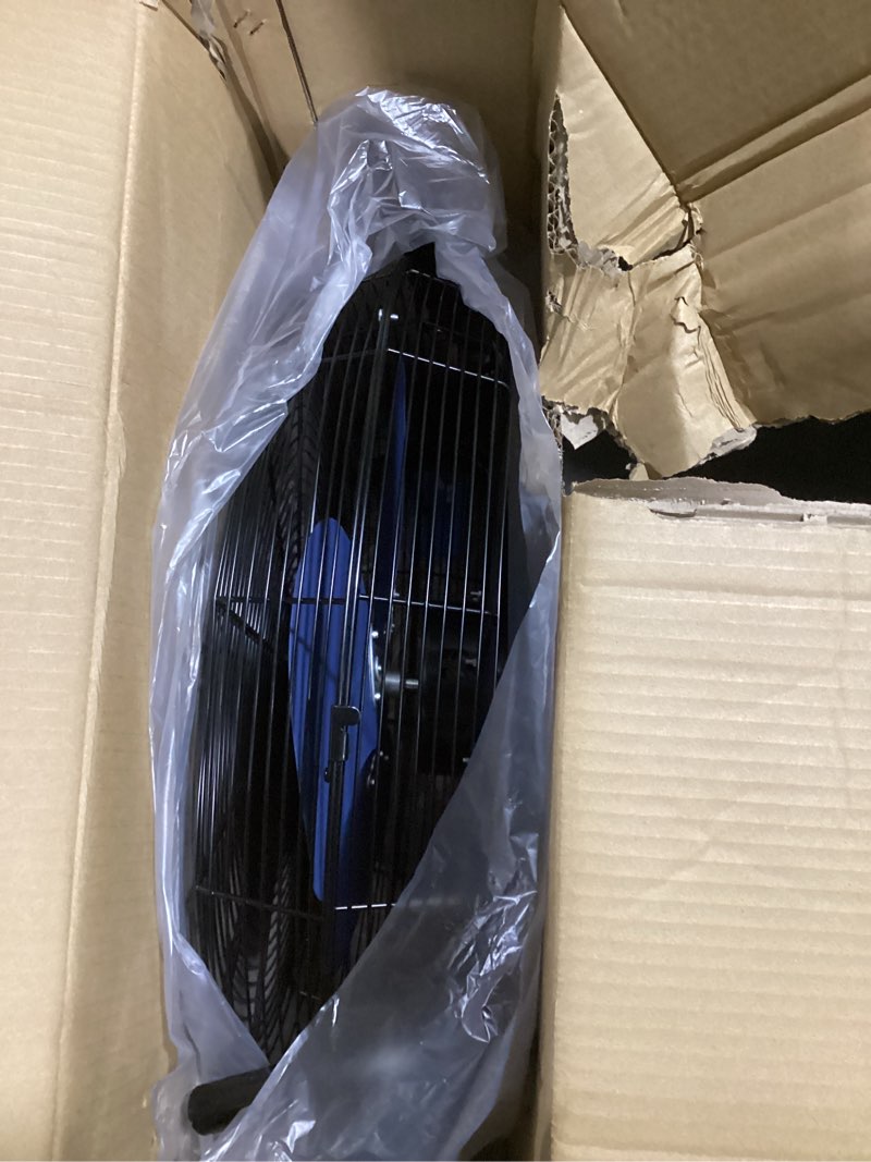 Condition photo showing As Is for tempware 20 inch high velocity industrial floor fan, 3-speed heavy duty metal cradle floor fans with 360° tilt for warehouse, workshop, garage, factory and basement, black & blue