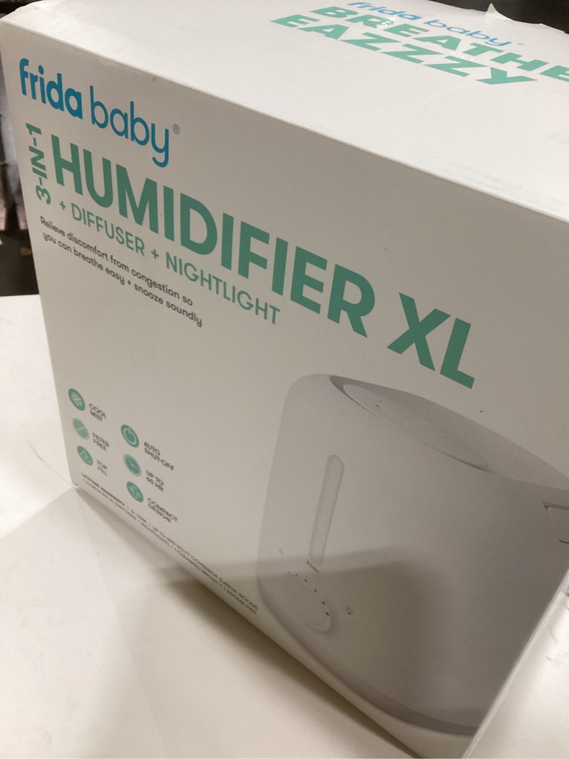 Condition photo showing Good Condition for Frida Baby 3-in-1 XL Top Fill Humidifier for Bedroom, Cold & Flu Relief, 6L Tank Cool Mist Humidifier + Diffuser for Large Rooms, Mold Resistant, Nightlight, Auto-Off, Quiet, Essential Oil Diffuser 1.6 Gallon Tank