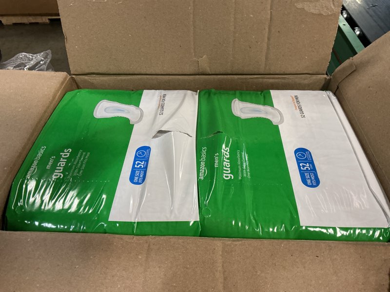 Condition photo showing New/Like New for amazon basics men's incontinence guards, maximum absorbency, moisture-wicking with odor protection, one size fits most, 104 count (2 packs of 52)