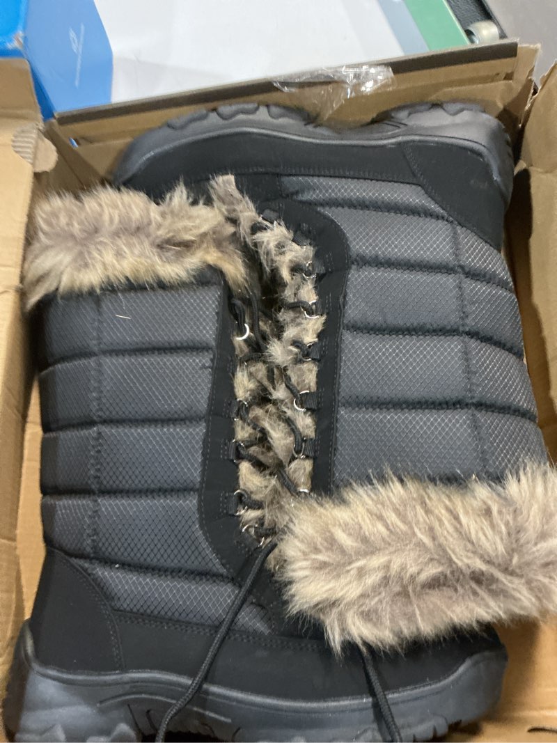 Condition photo showing As Is for ausland women's black winter snow boots twin peaks fur cuff mid-calf waterproof lace up boots 8 brown fur