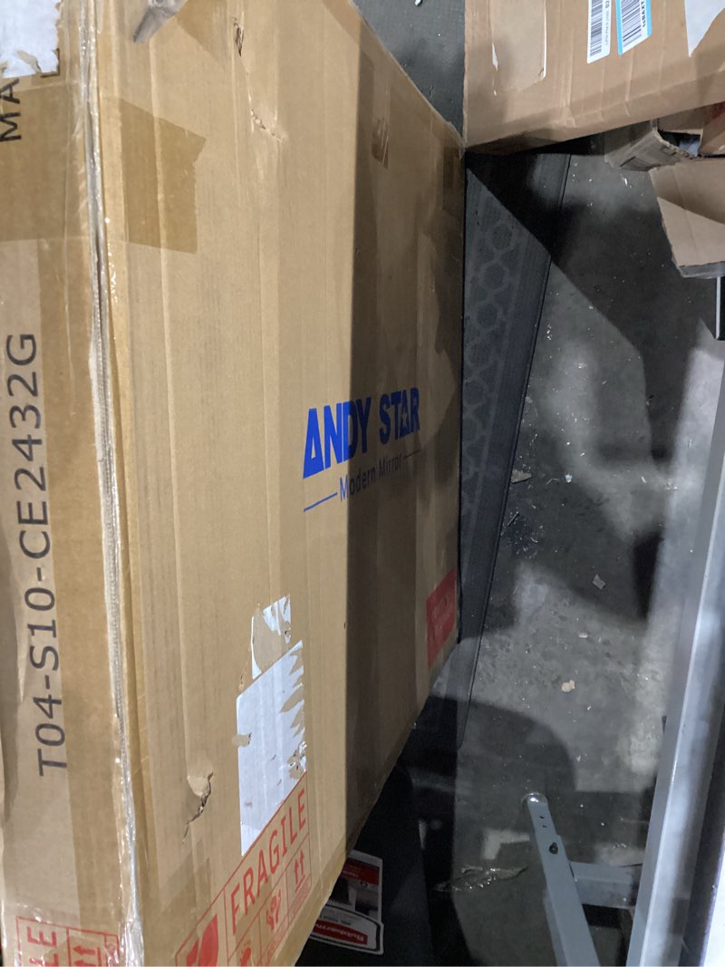 Condition photo showing As Is for ANDY STAR Brushed Gold Mirror, 24"x32" Bathroom Vanity Mirror, Unique Rectangular Bathroom Mirror with Stainless Steel Metal Framed, Wall Mounted Decorative Mirror (Horizontal/Vertical) Brushed Gold 32"L x 24"W