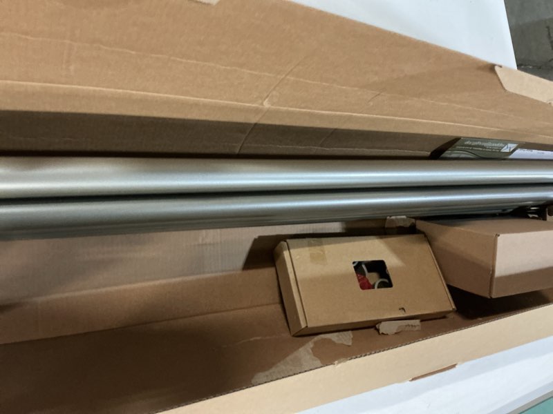 Condition photo showing As Is for kamanina 1 inch double curtain rods 66 to 120 (5.5-10 feet), telescoping splicing dark silver curtain rod for windows 54 to 115 inches, heavy duty curtain rods with square finials antique silver 66-120"