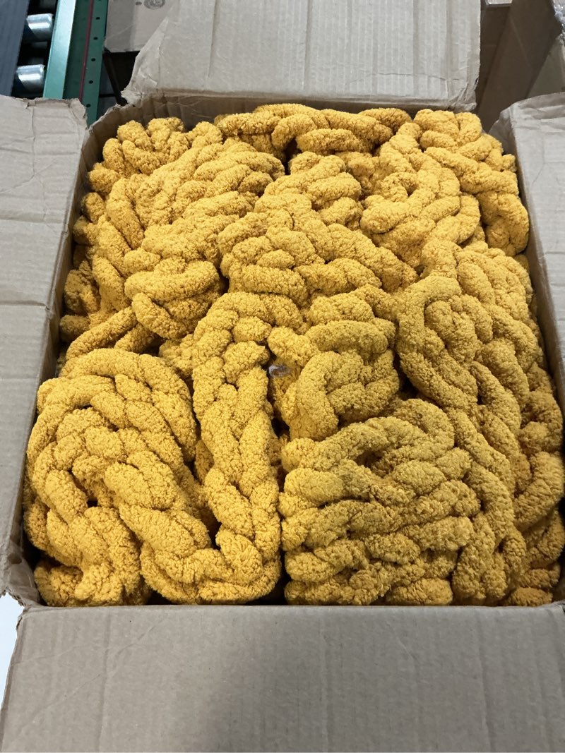 Condition photo showing As Is for Chunky Knit Blanket Throw 40x80, Soft Chenille Yarn Giant Knitted Throw Blanket, Big Knit Blankets Chunky, Thick Cable Knit Throw, Large Rope Crochet Throw Blankets for Couch Bed Sofa (Mustard Yellow)