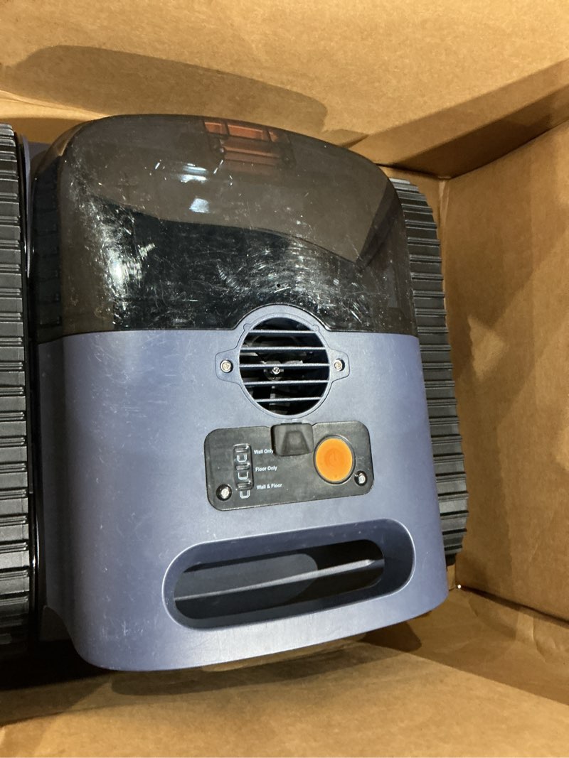 Condition photo showing As Is for cordless robotic pool vacuum with sonar navigation & track drive, dual 180w brushless motors, wall & waterline climbing, 150-min runtime, for inground & above-ground pools up to 2,150 sq. ft.