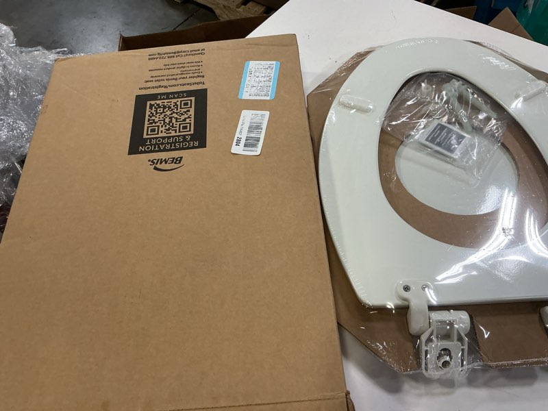 Condition photo showing New/Like New for mayfair linden slow close toilet seat, non slip heavy duty wood, easy install, elongated, white