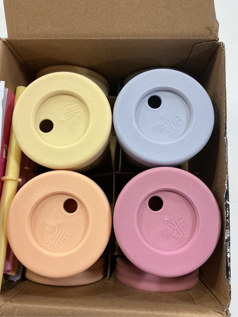 Condition photo showing Good Condition for elk and friends 10oz stainless steel kids + toddler drinking cups | the original mason jar with sleeves + lids | silicone straws | smoothies | storage jar | spill resistant | dishwasher safe | 4 pack blush/lilac/lemon/peach 10oz